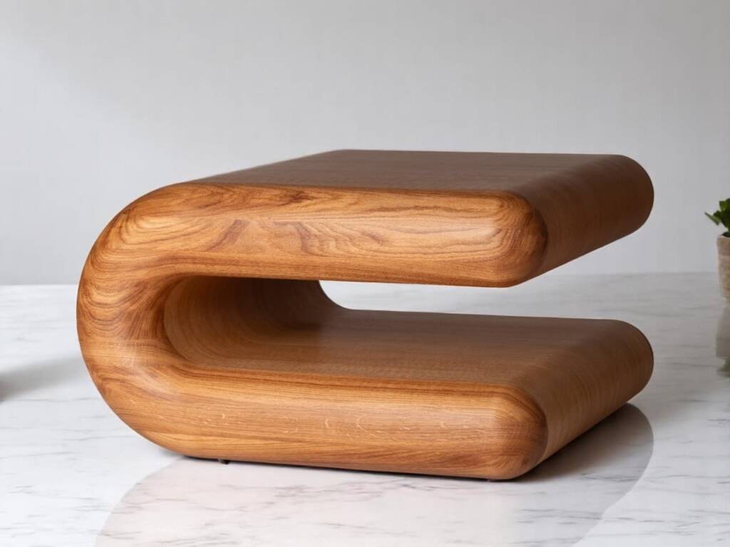 Table basse courbe en chêne massif, fabriquée à la main avec un design fluide et des bords arrondis, idéale pour sublimer votre salon avec une touche artisanale haut de gamme.