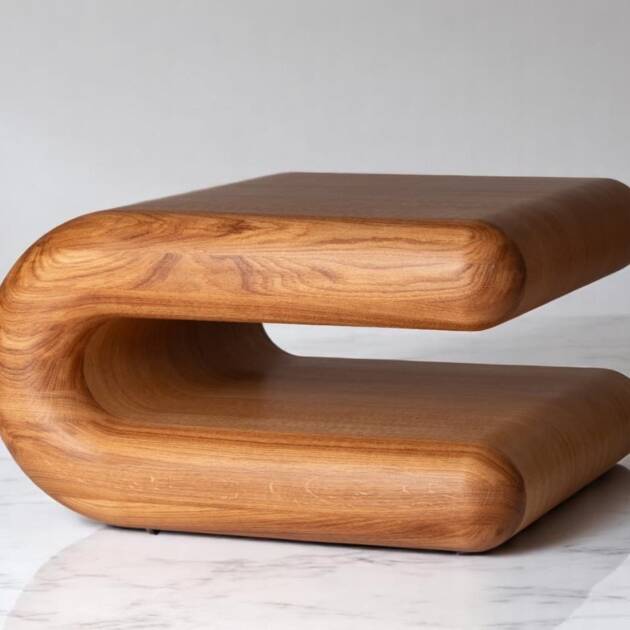 Table basse courbe en chêne massif, fabriquée à la main avec un design fluide et des bords arrondis, idéale pour sublimer votre salon avec une touche artisanale haut de gamme.